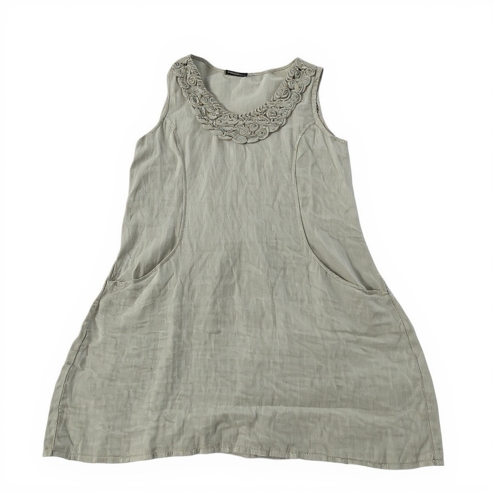 Sleeveless Embroidered 100%linen Neck Midi Dress -‎ Light Sage